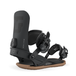 Women’s snowboard bindings, black highback with front straps and visible adjuster screw
