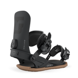 Women’s snowboard bindings, black highback with front straps and visible adjuster screw