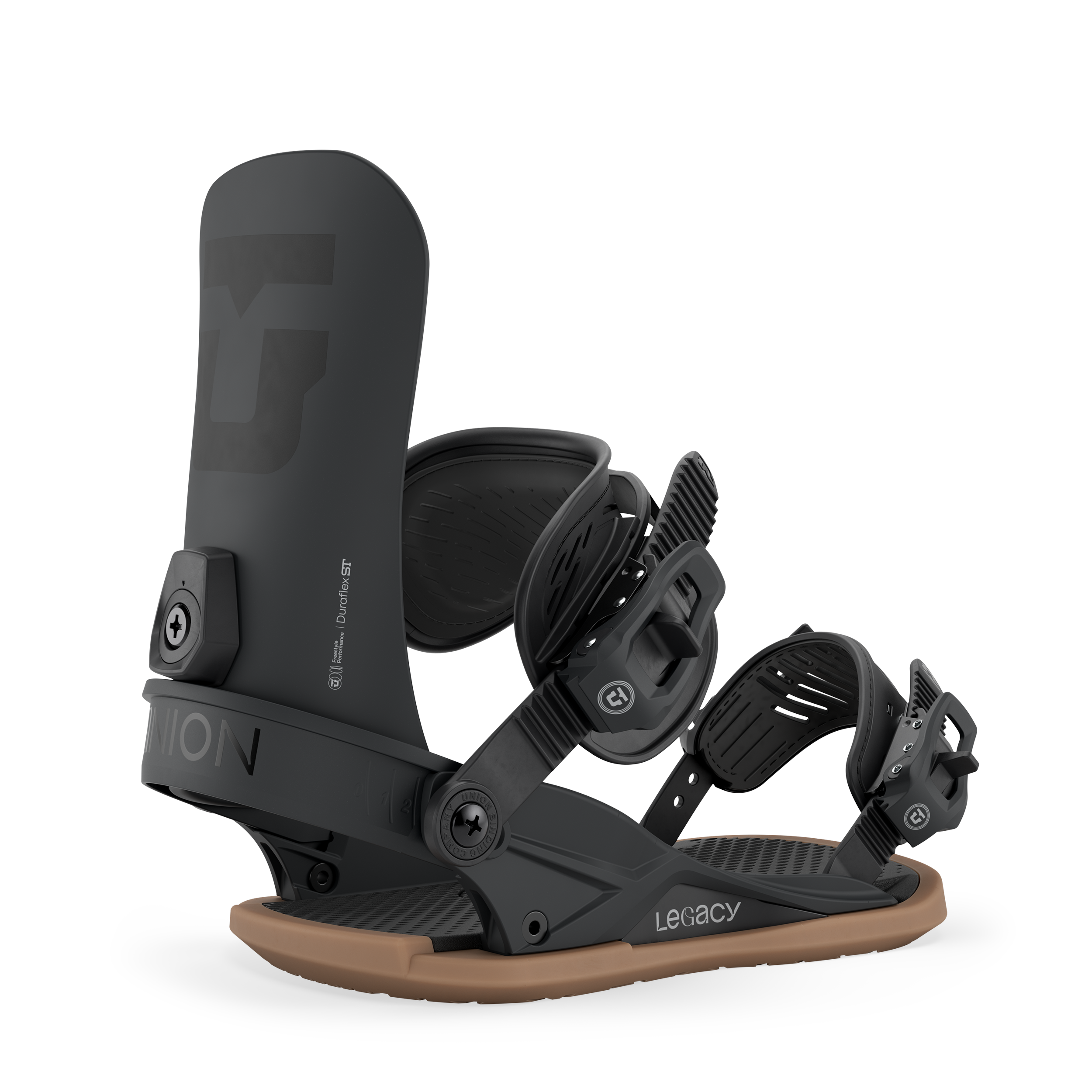 Women’s snowboard bindings, black highback with front straps and visible adjuster screw
