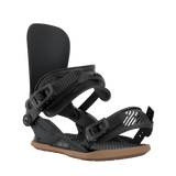 Women’s snowboard bindings, black base with two padded straps and ribbed toe ramps