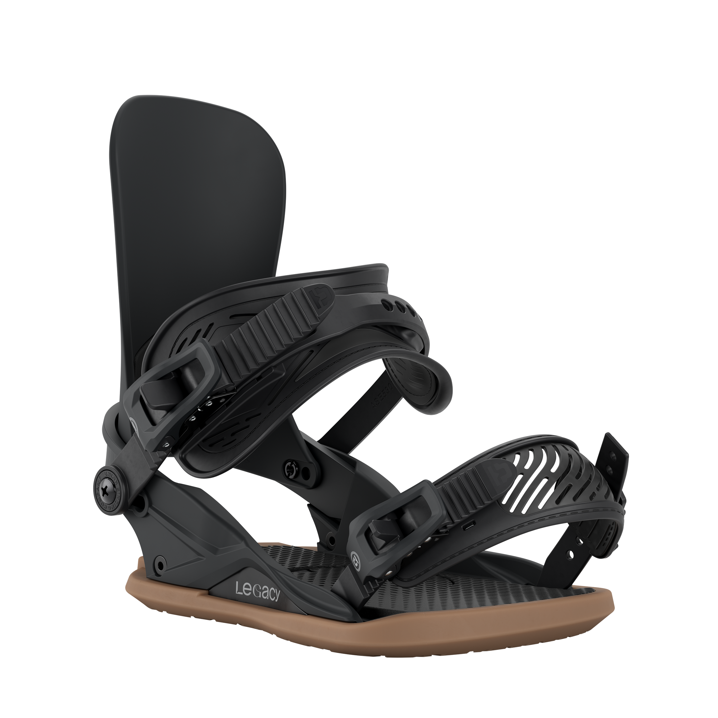 Women’s snowboard bindings, black base with two padded straps and ribbed toe ramps