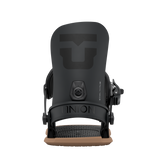 Women’s snowboard bindings, black highback with front ankle strap and circular center dial