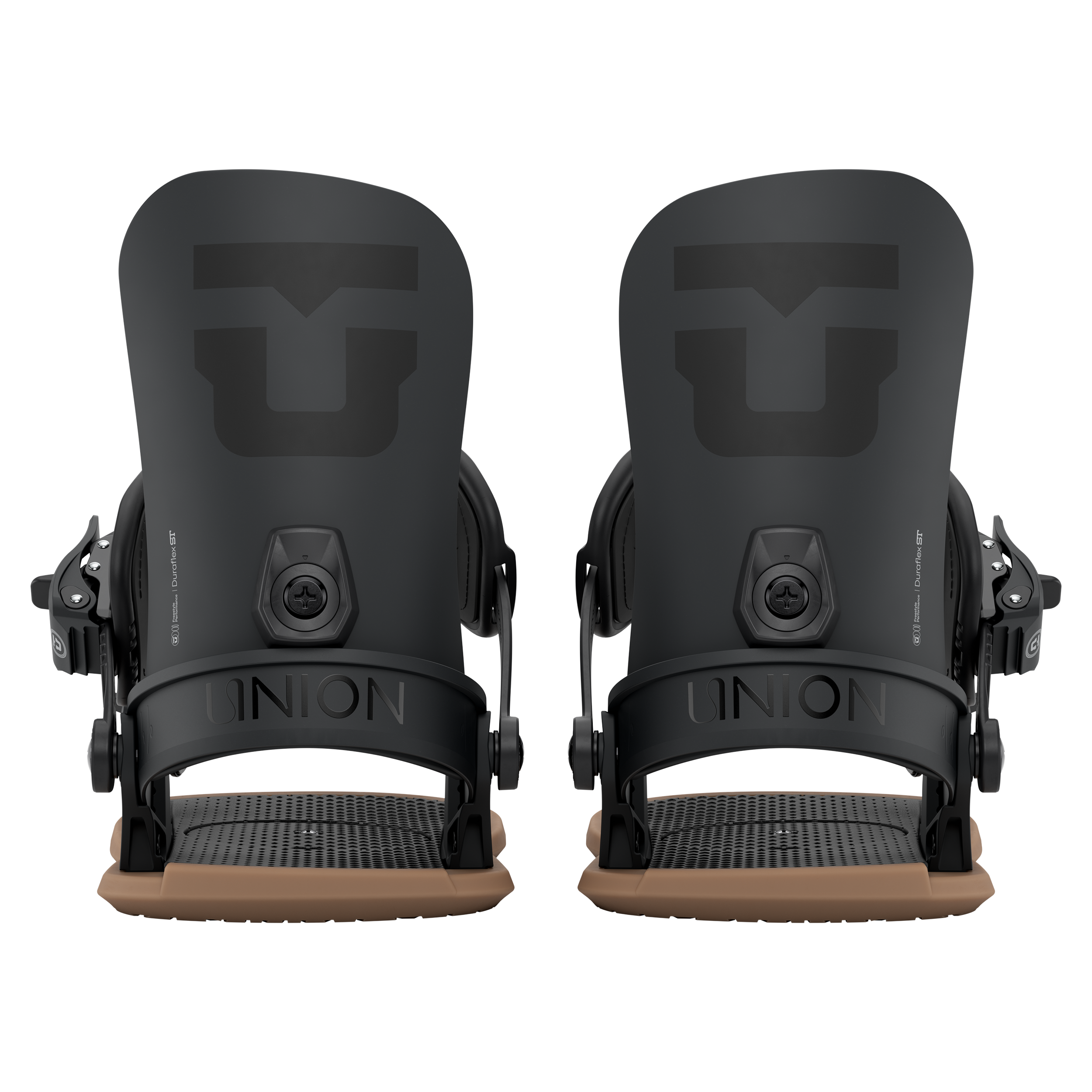 Pair of women’s snowboard bindings in black, front view with two highbacks and strap cushions