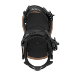 Women’s snowboard bindings, black footbed with perforated texture and arched strap supports