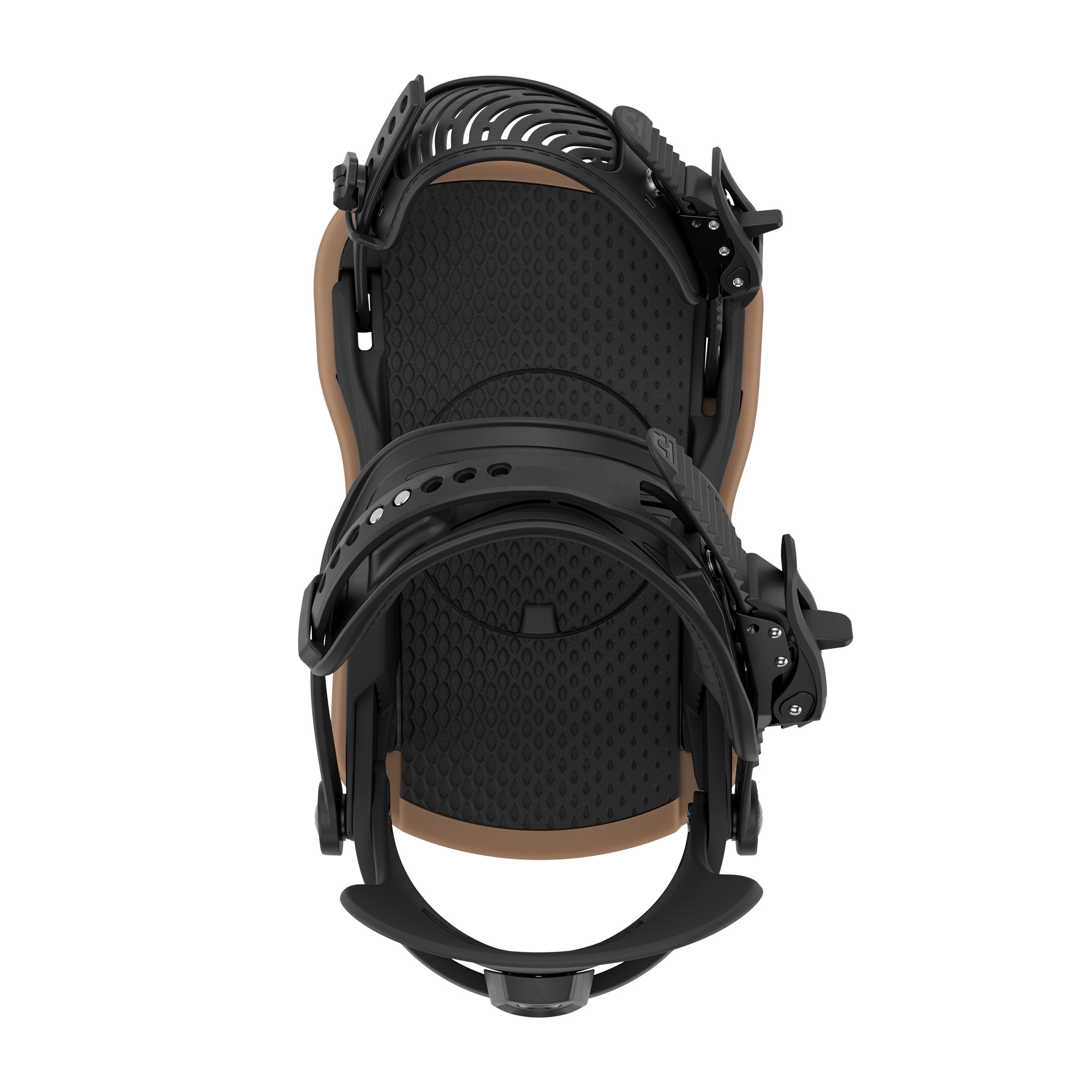 Women’s snowboard bindings, black footbed with perforated texture and arched strap supports