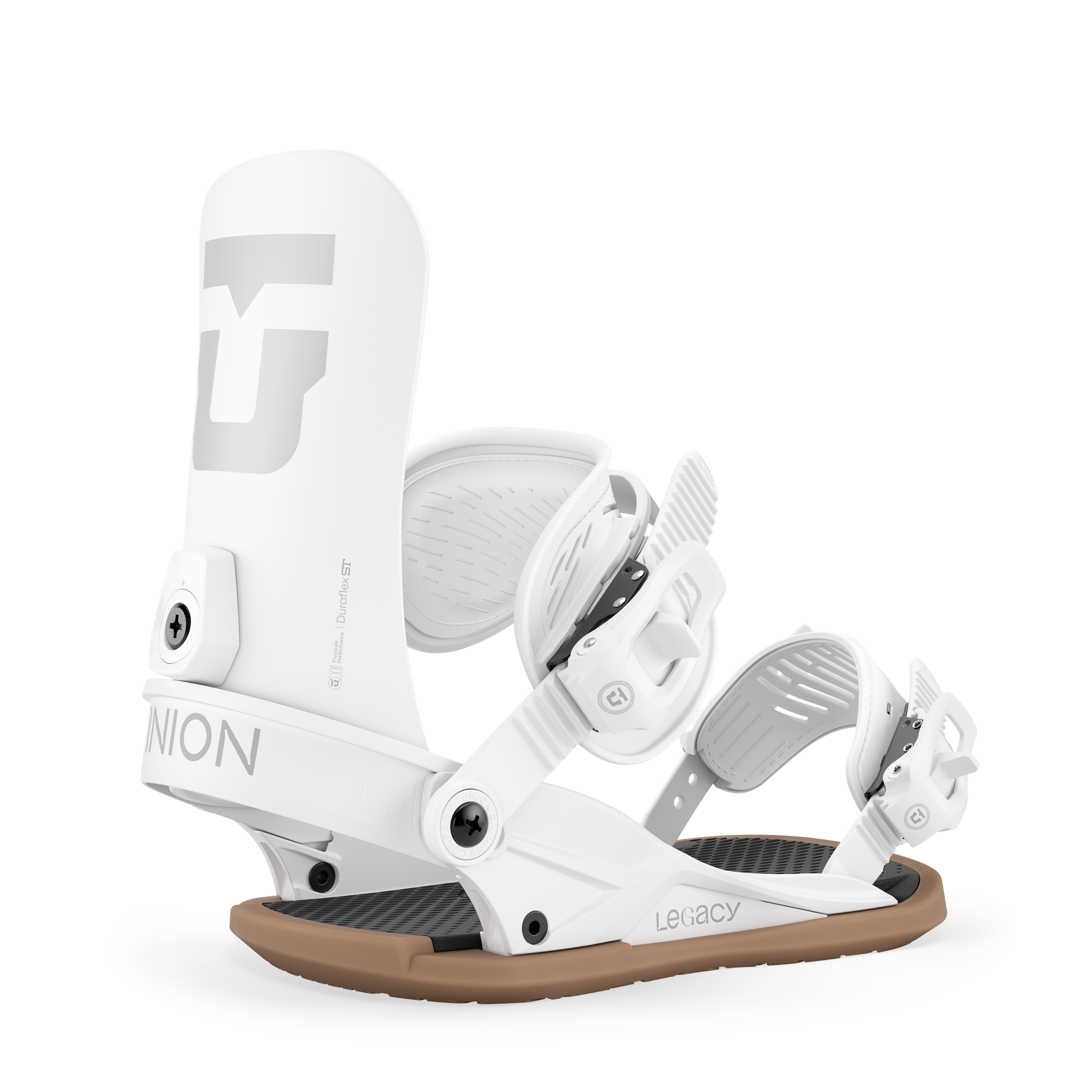 Women’s snowboard bindings, white highback with front straps and adjustable ratchet hardware