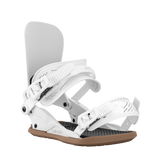 Women’s snowboard bindings, white base with two foot straps and molded highback detail