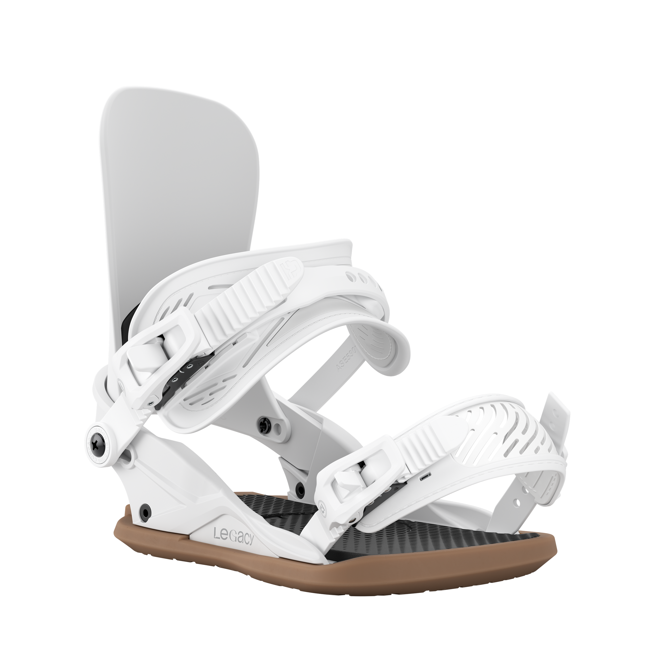 Women’s snowboard bindings, white base with two foot straps and molded highback detail