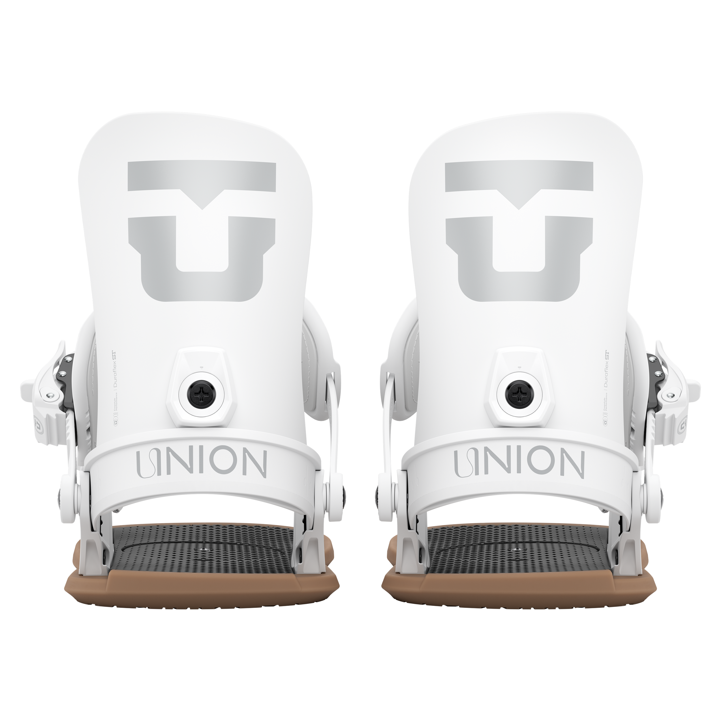 Pair of women’s snowboard bindings in white, front view with two highbacks and toe/ankle straps
