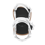Women’s snowboard bindings, white frame with black footbed cushioning and strap hardware