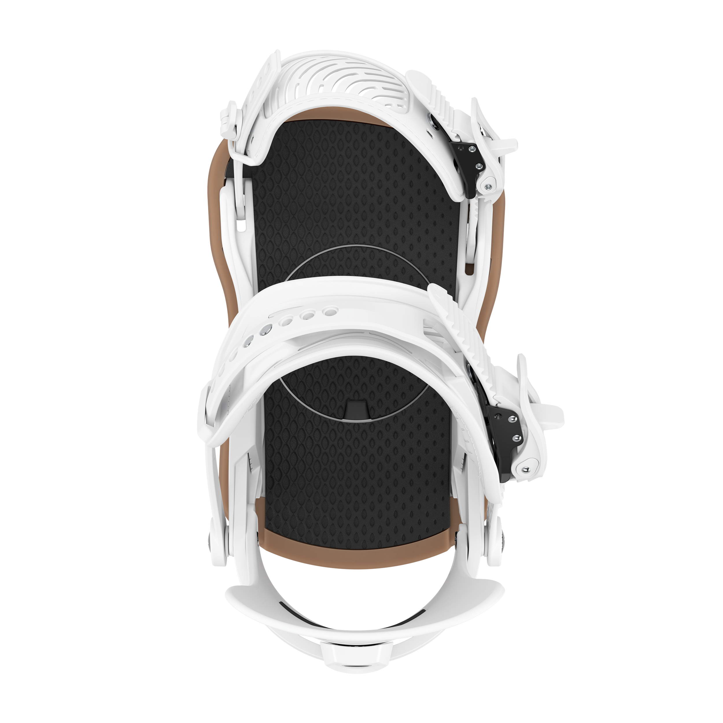 Women’s snowboard bindings, white frame with black footbed cushioning and strap hardware