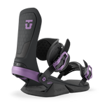 Black snowboard binding with purple accents, padded highback and front strap.