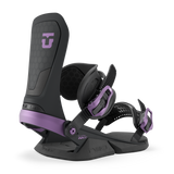 Black snowboard binding with purple accents, padded highback and front strap.