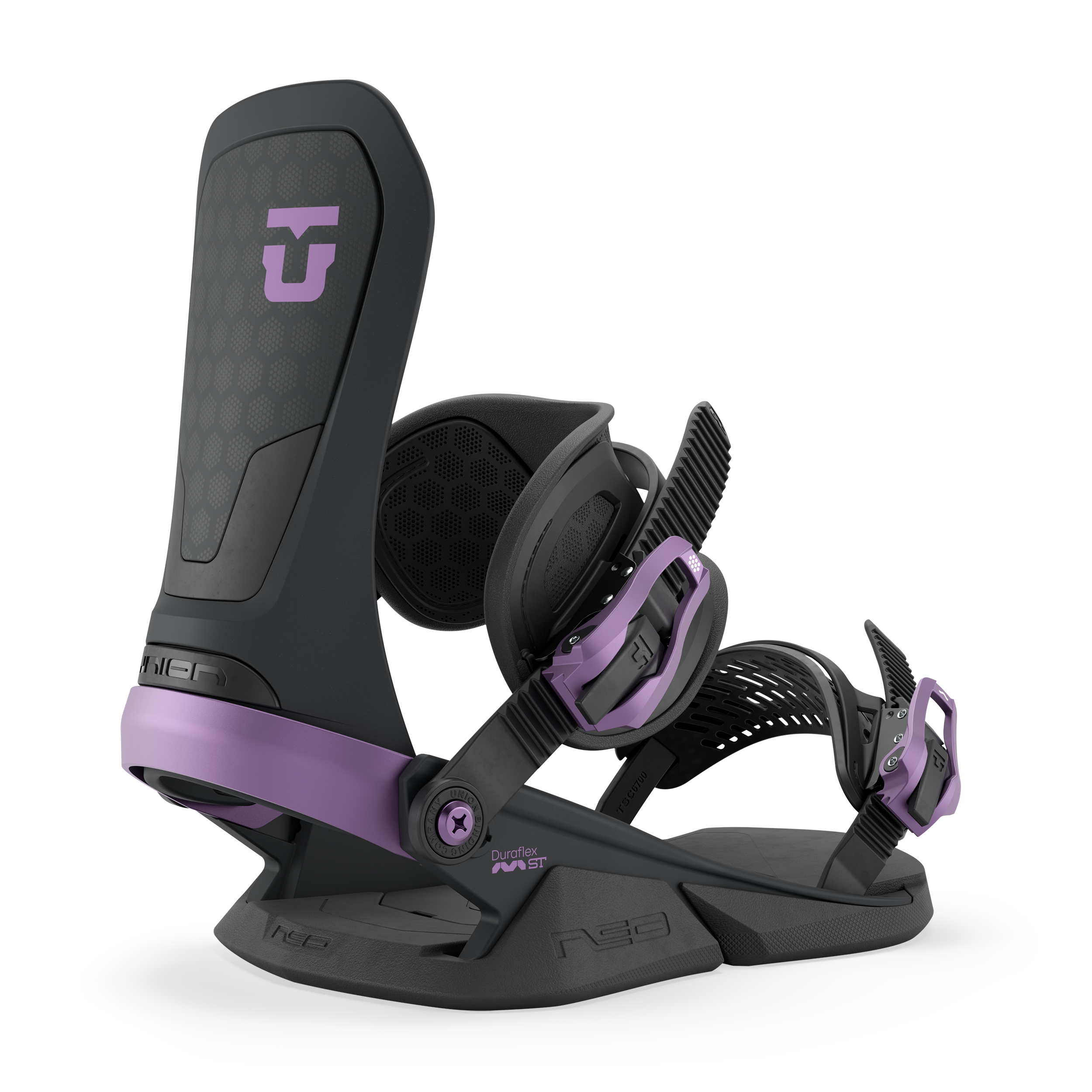 Black snowboard binding with purple accents, padded highback and front strap.