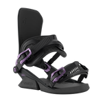 Black snowboard binding with purple straps and accents, side three-quarter view.