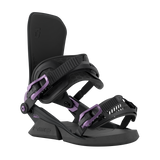 Black snowboard binding with purple straps and accents, side three-quarter view.