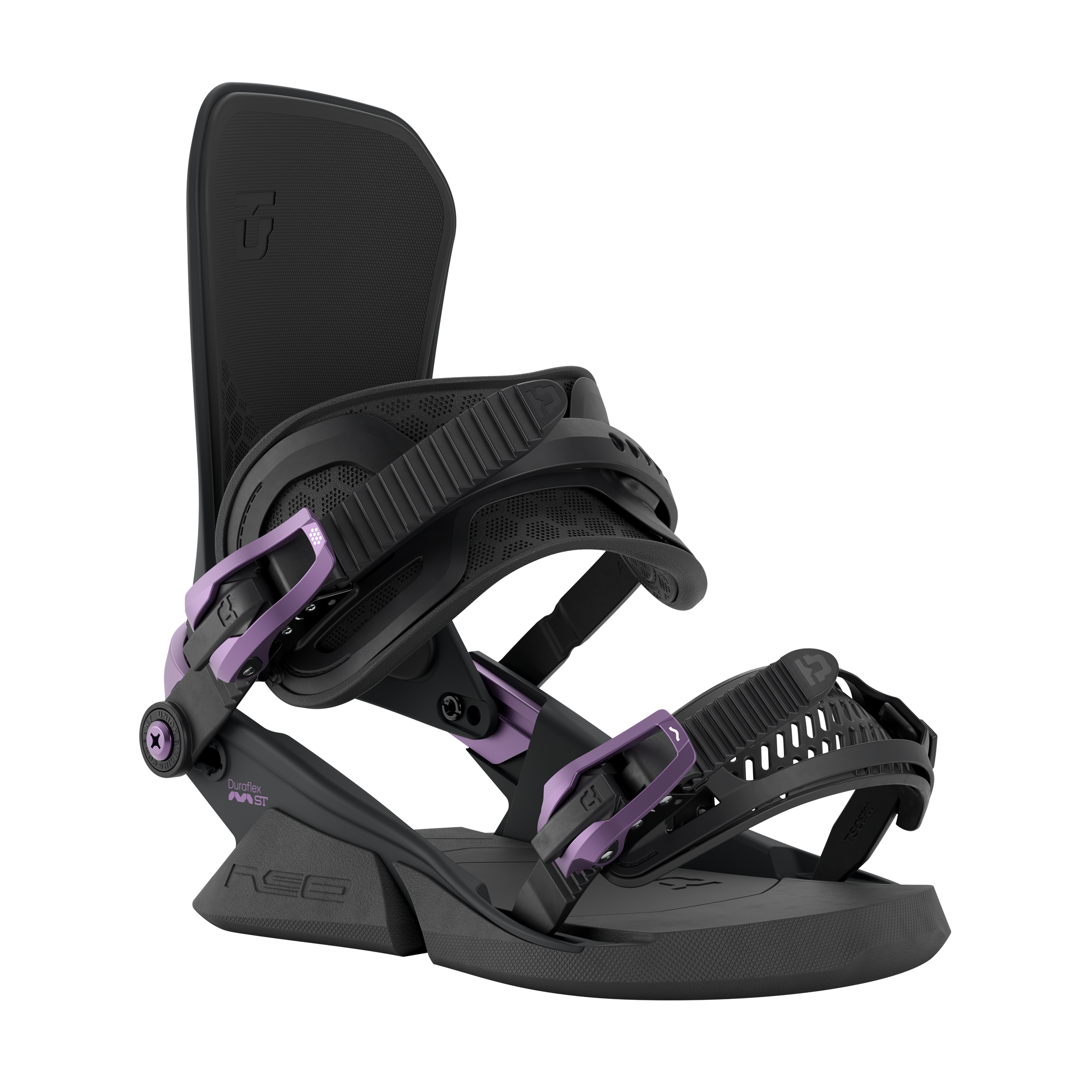 Black snowboard binding with purple straps and accents, side three-quarter view.