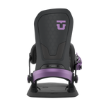 Black snowboard binding with purple strap band and highback logo, front view.