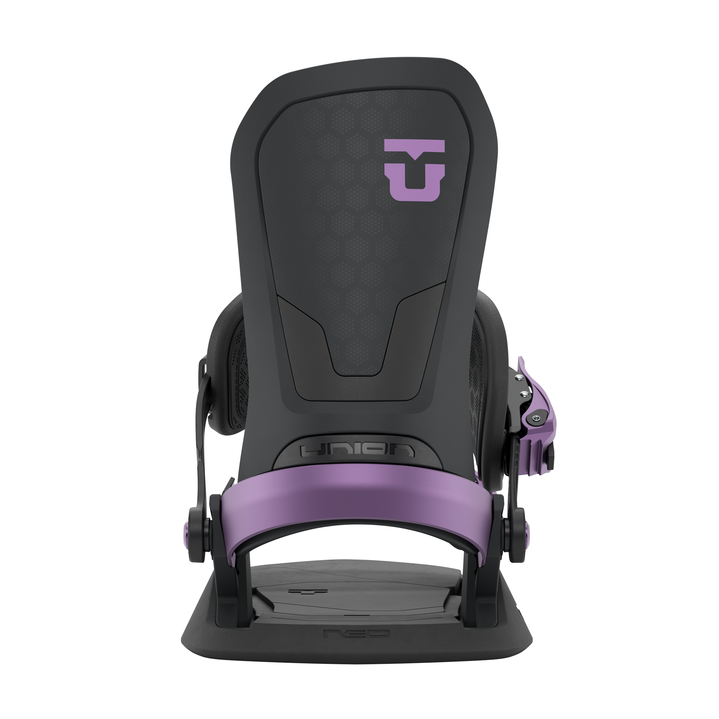 Black snowboard binding with purple strap band and highback logo, front view.