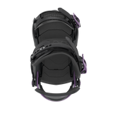 Black snowboard binding with purple hardware and straps, front three-quarter view.
