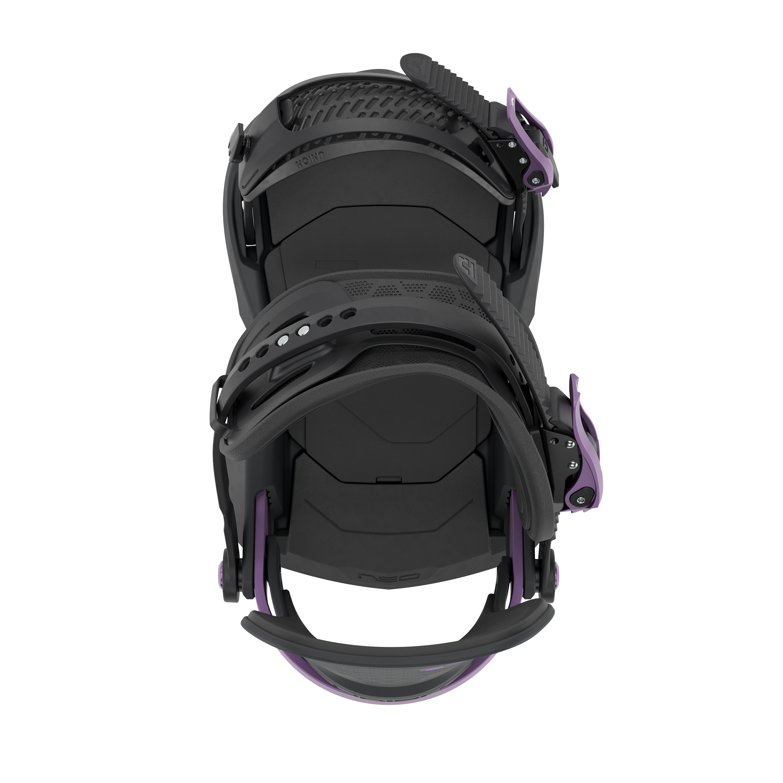 Black snowboard binding with purple hardware and straps, front three-quarter view.