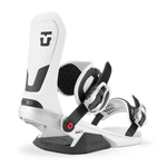 White snowboard binding with black straps and highback, red adjustment dial accents.