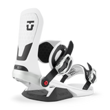 White snowboard binding with black straps and highback, red adjustment dial accents.