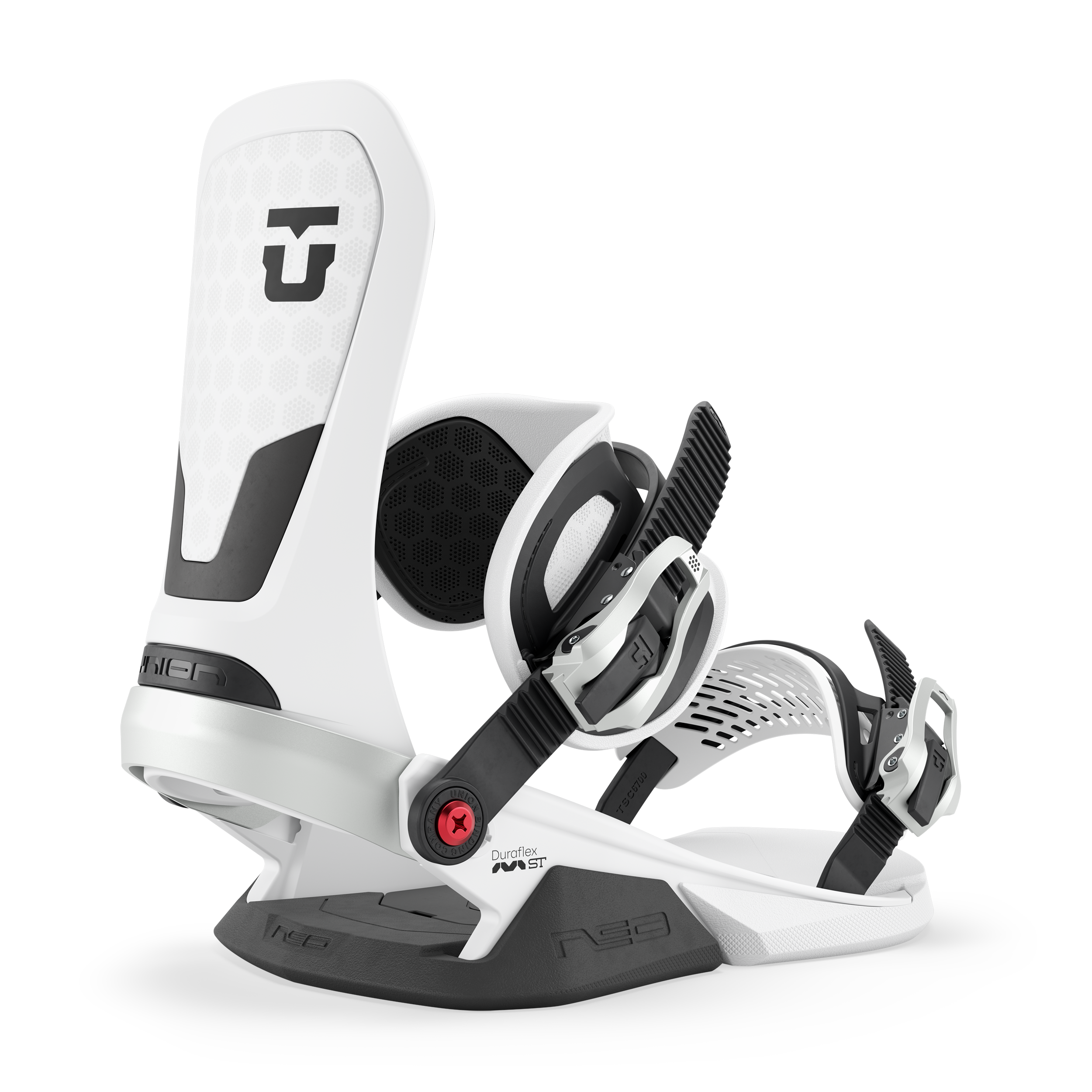 White snowboard binding with black straps and highback, red adjustment dial accents.