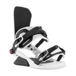 White snowboard binding with dark highback and black strap, front three-quarter view.