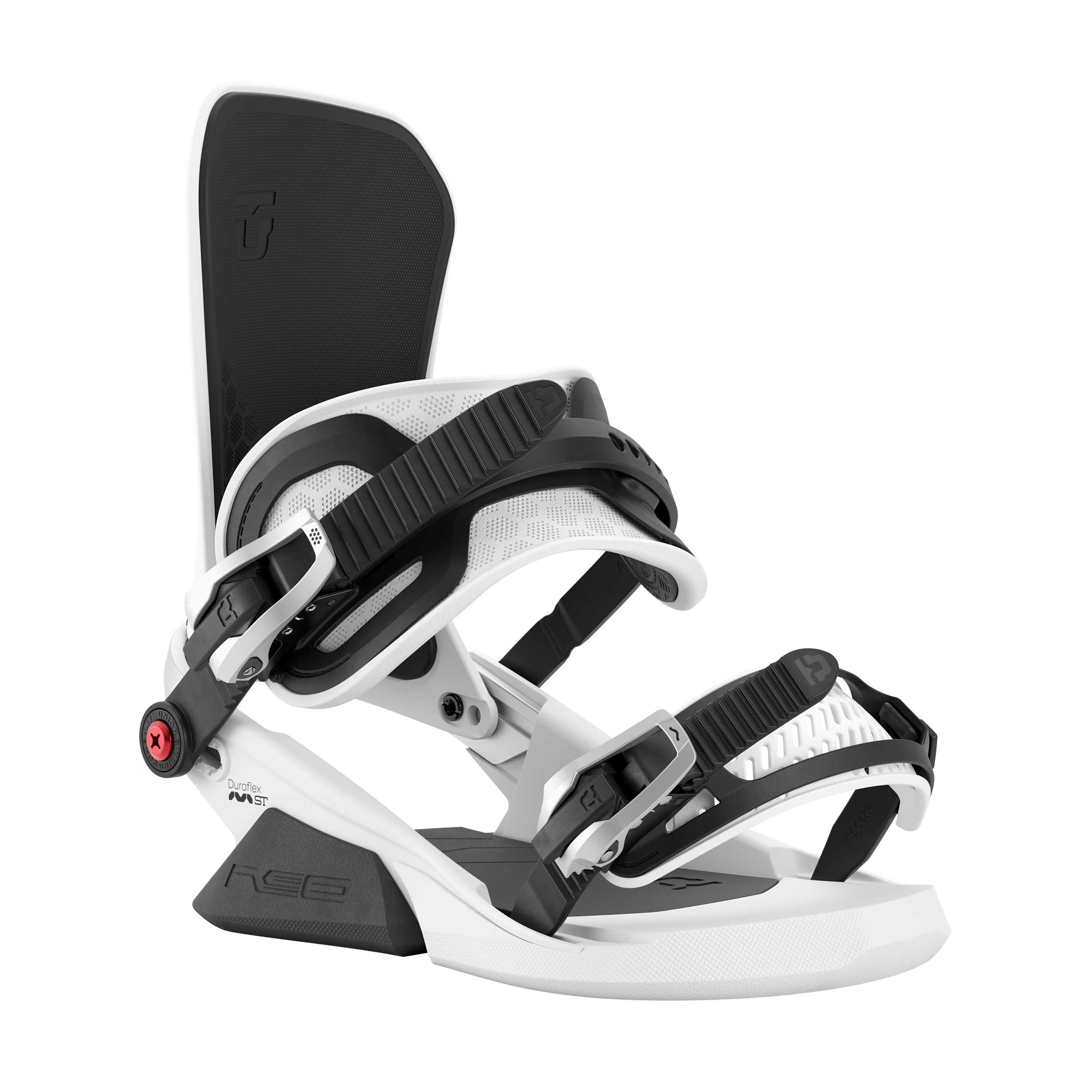 White snowboard binding with dark highback and black strap, front three-quarter view.