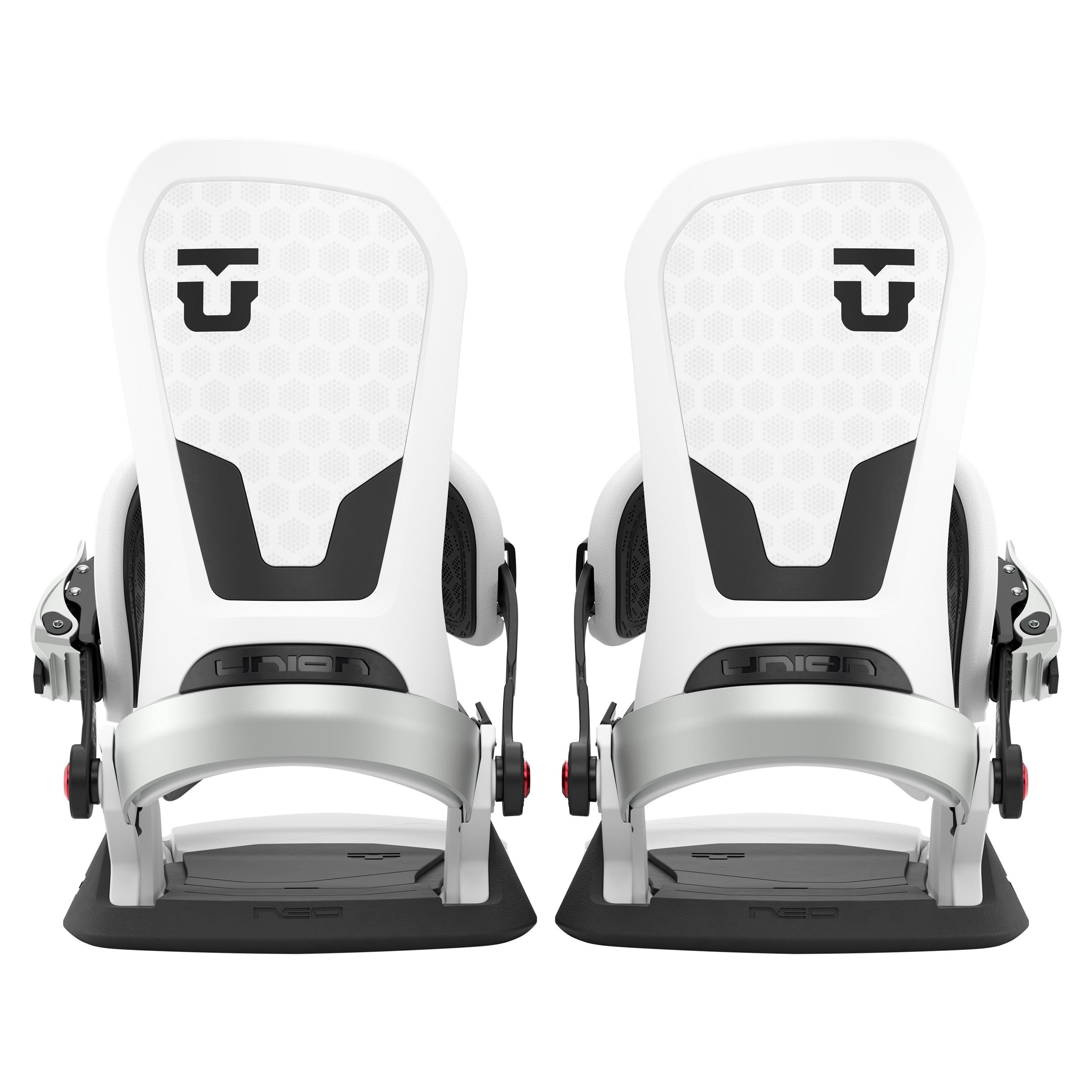 Pair of white snowboard bindings with black highbacks and base straps.