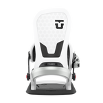 White snowboard binding with black highback and base, front view with logo.