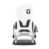 White snowboard binding with black highback and base, front view with logo.