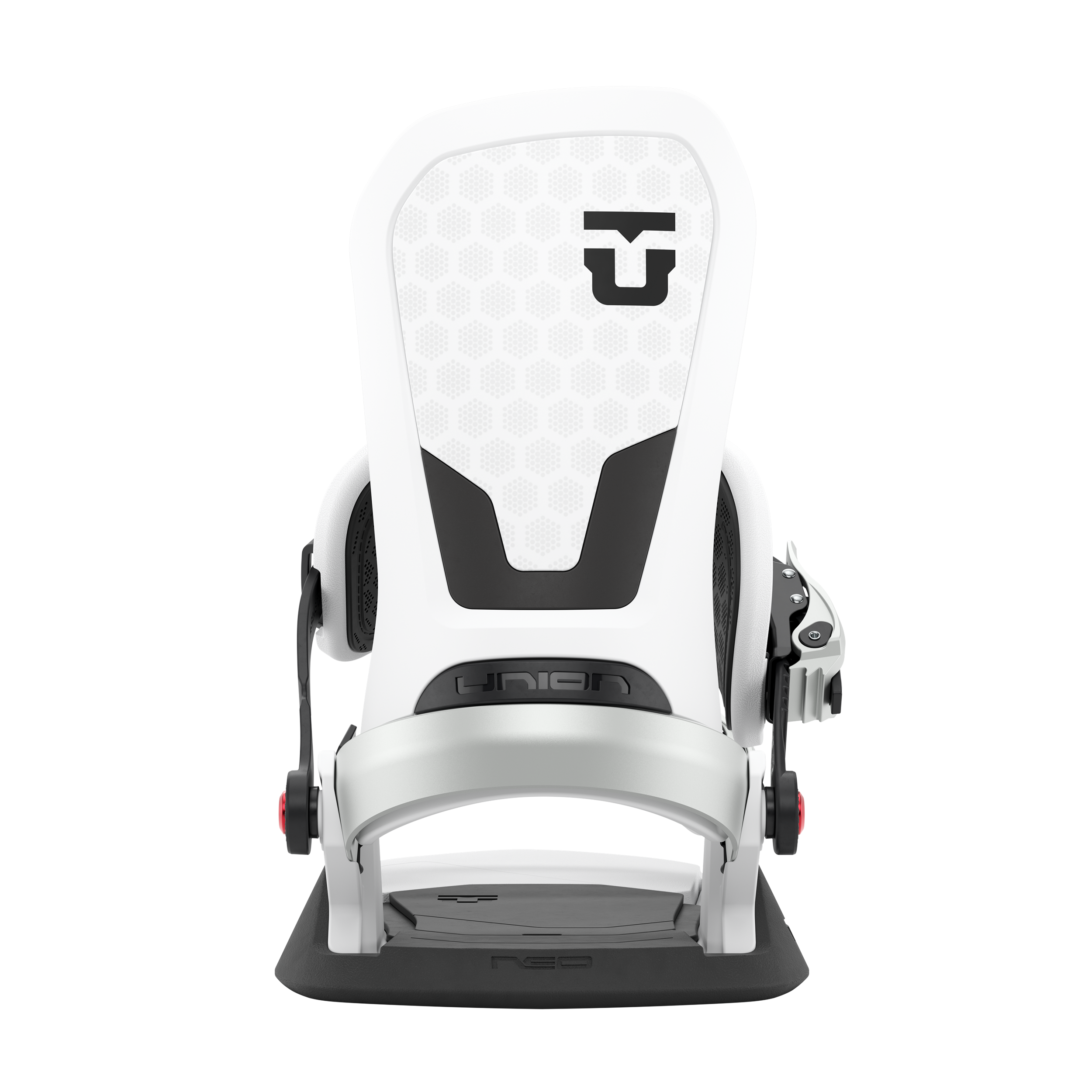 White snowboard binding with black highback and base, front view with logo.