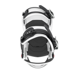 Black-and-white snowboard binding with black toe ramp and straps, side view.