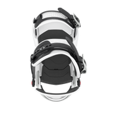 Black-and-white snowboard binding with black toe ramp and straps, side view.