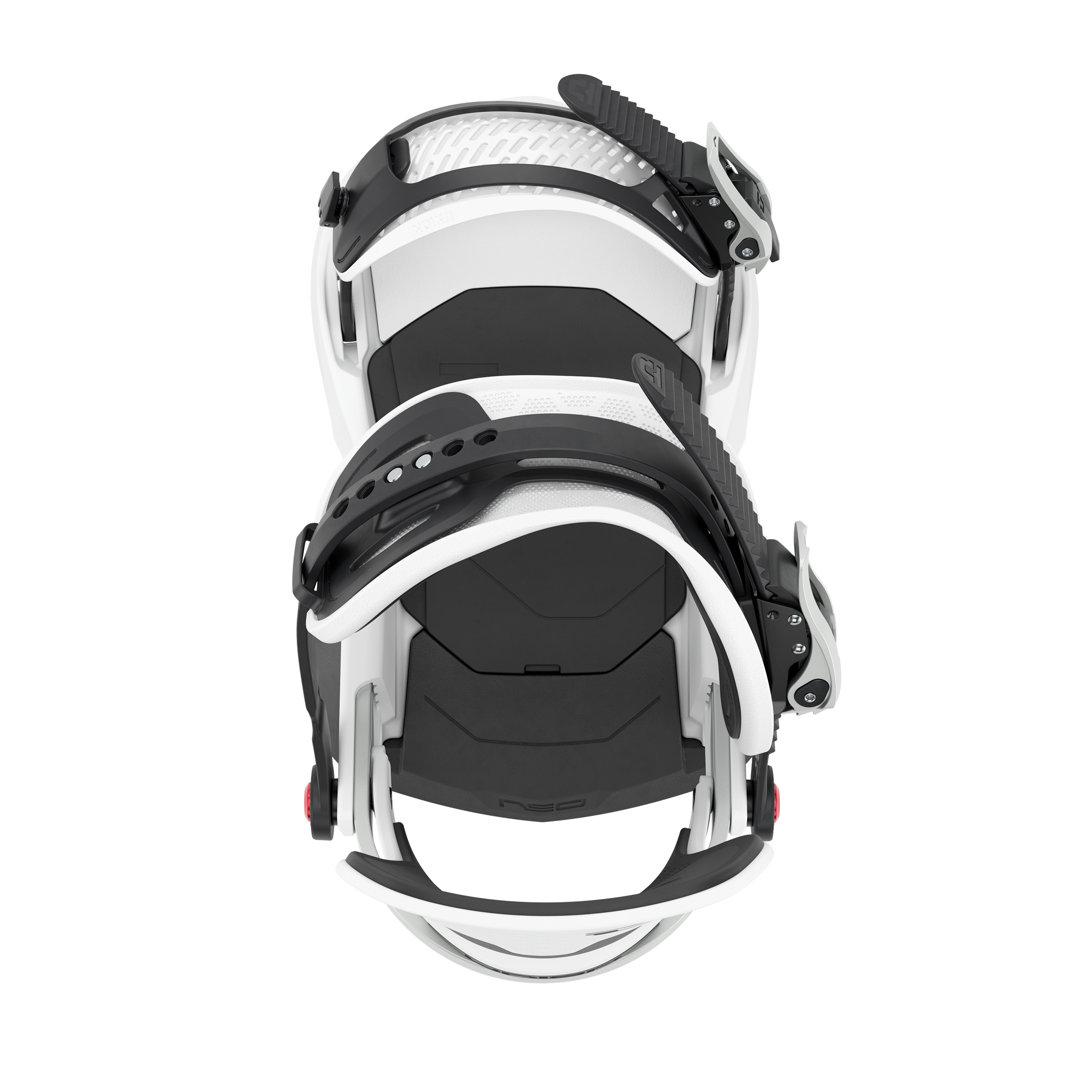 Black-and-white snowboard binding with black toe ramp and straps, side view.
