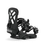 Black snowboard binding with angled view of highback, straps, and baseplate