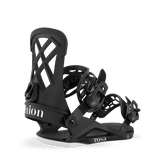 Black snowboard binding with angled view of highback, straps, and baseplate