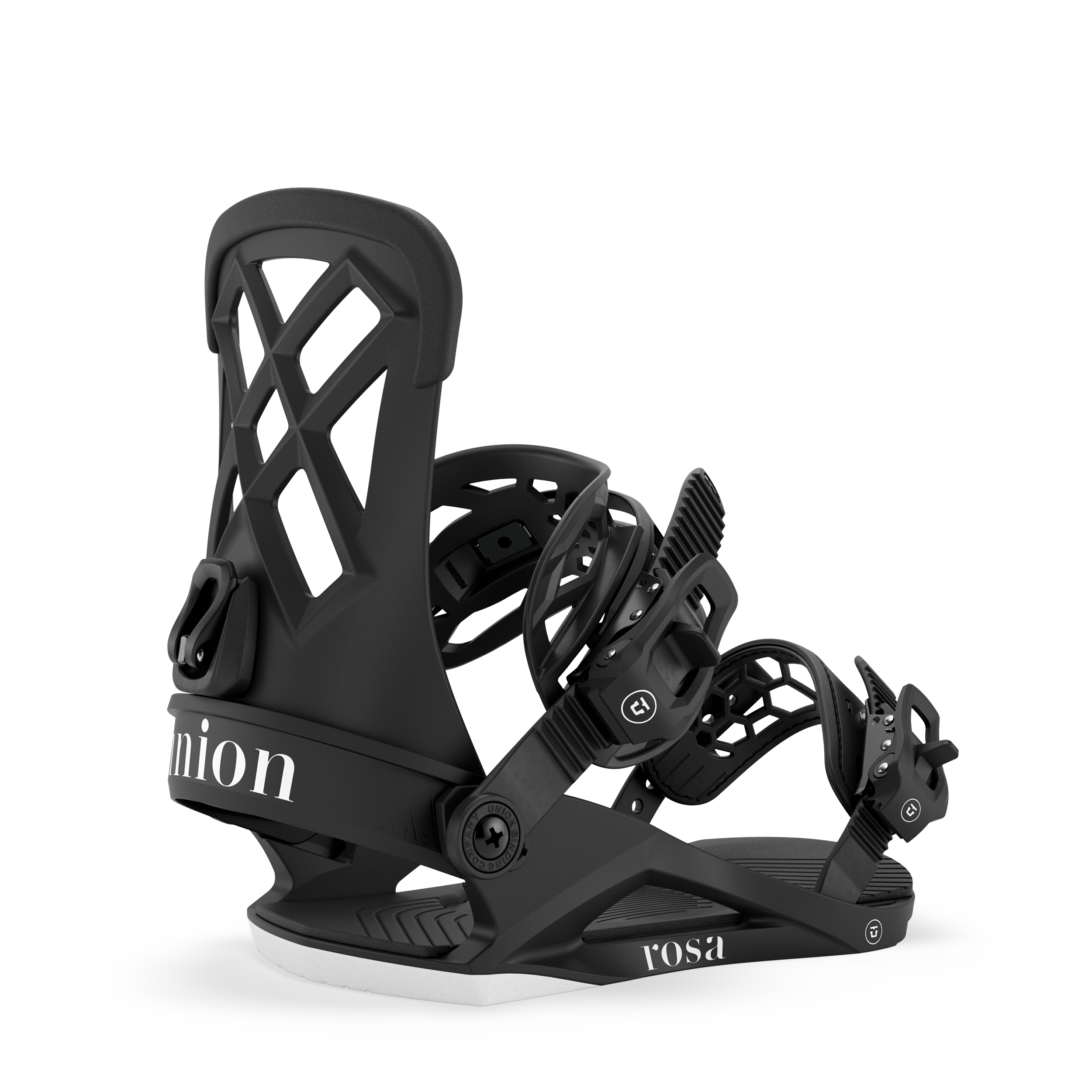 Black snowboard binding with angled view of highback, straps, and baseplate