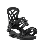 Black snowboard binding with padded footbed and front strap hardware detail
