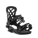 Black snowboard binding with padded footbed and front strap hardware detail