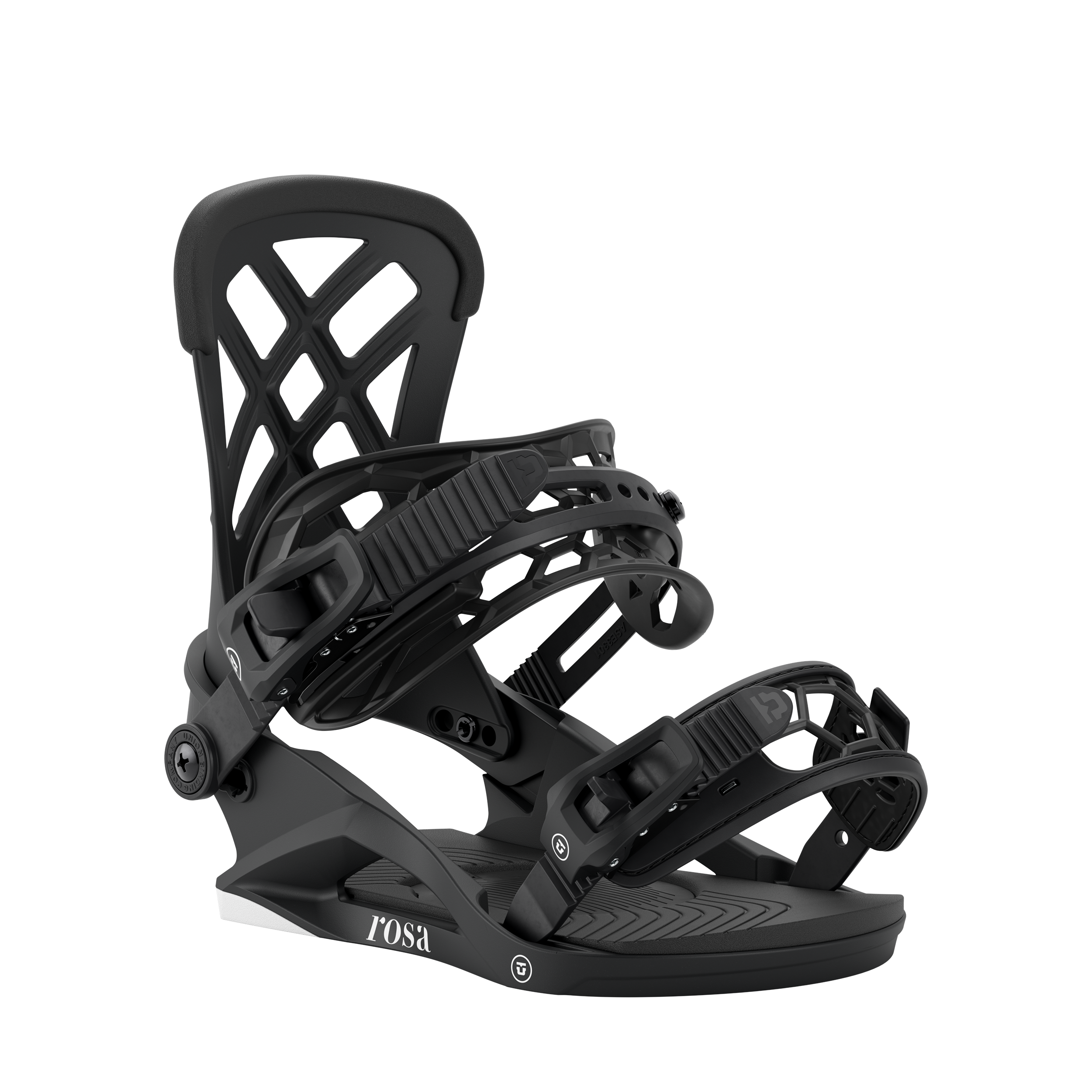 Black snowboard binding with padded footbed and front strap hardware detail