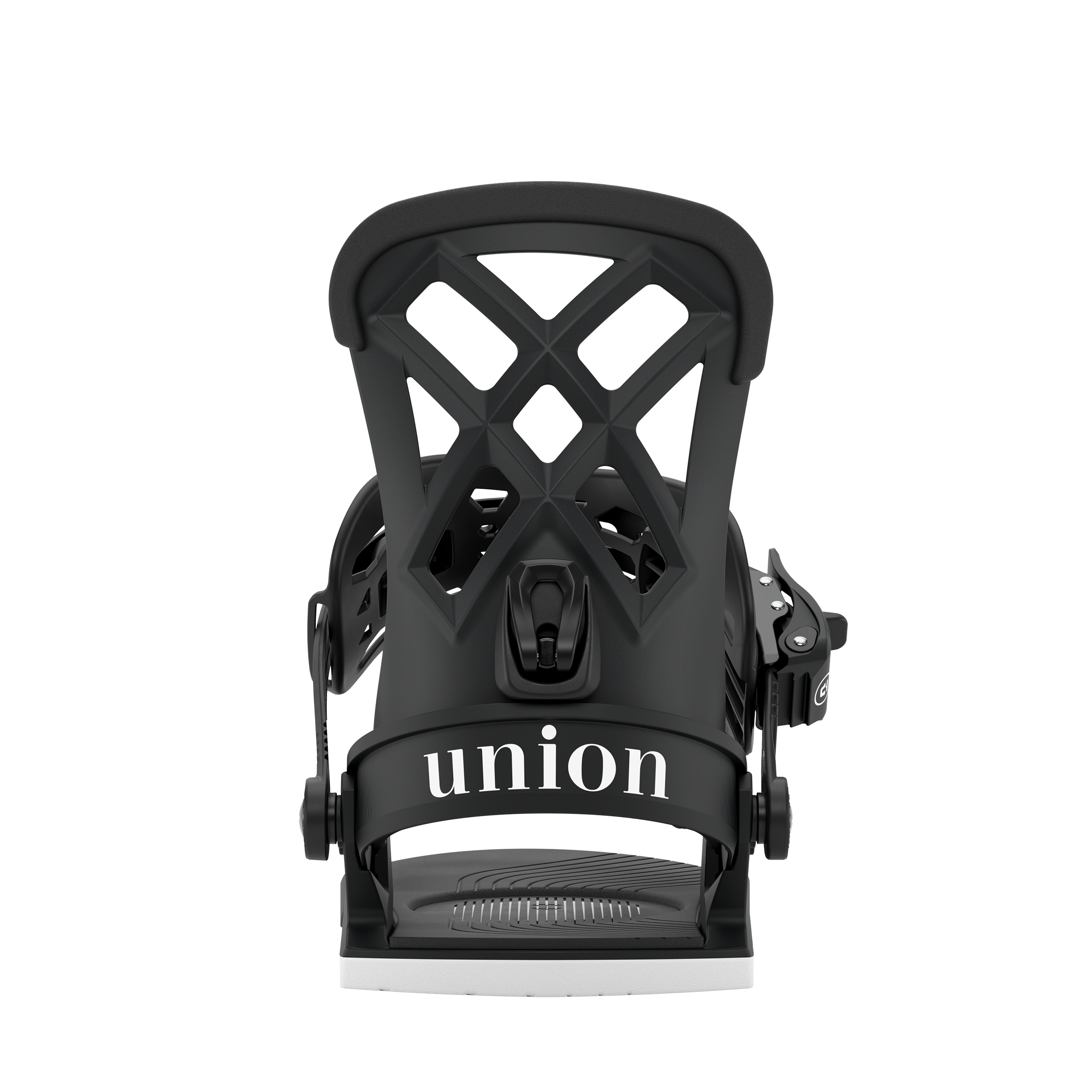 Black snowboard binding with lattice highback and front strap system