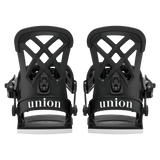 Set of black snowboard bindings showing highback and front foot strap