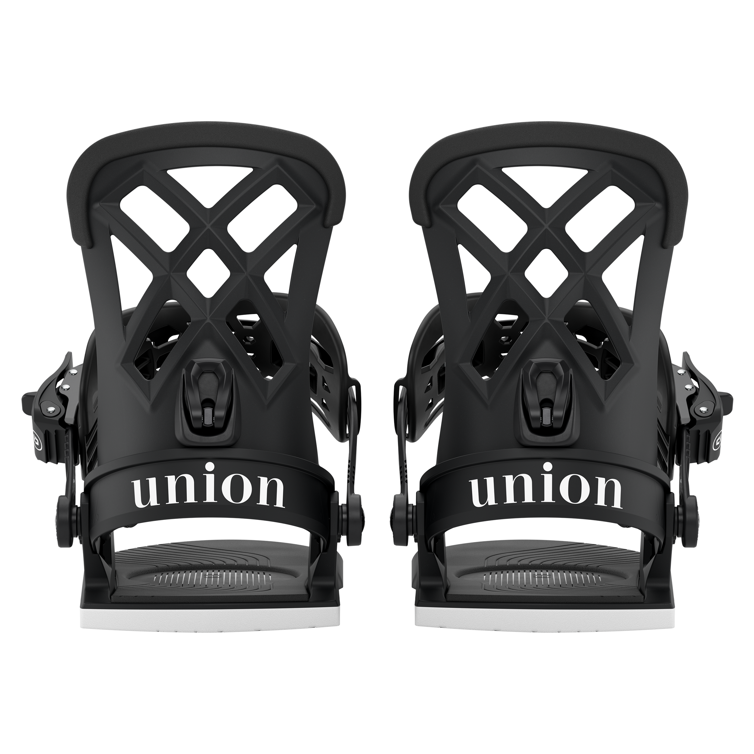 Set of black snowboard bindings showing highback and front foot strap