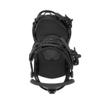 Black snowboard binding with rear view of highback and padded baseplate