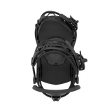Black snowboard binding with rear view of highback and padded baseplate