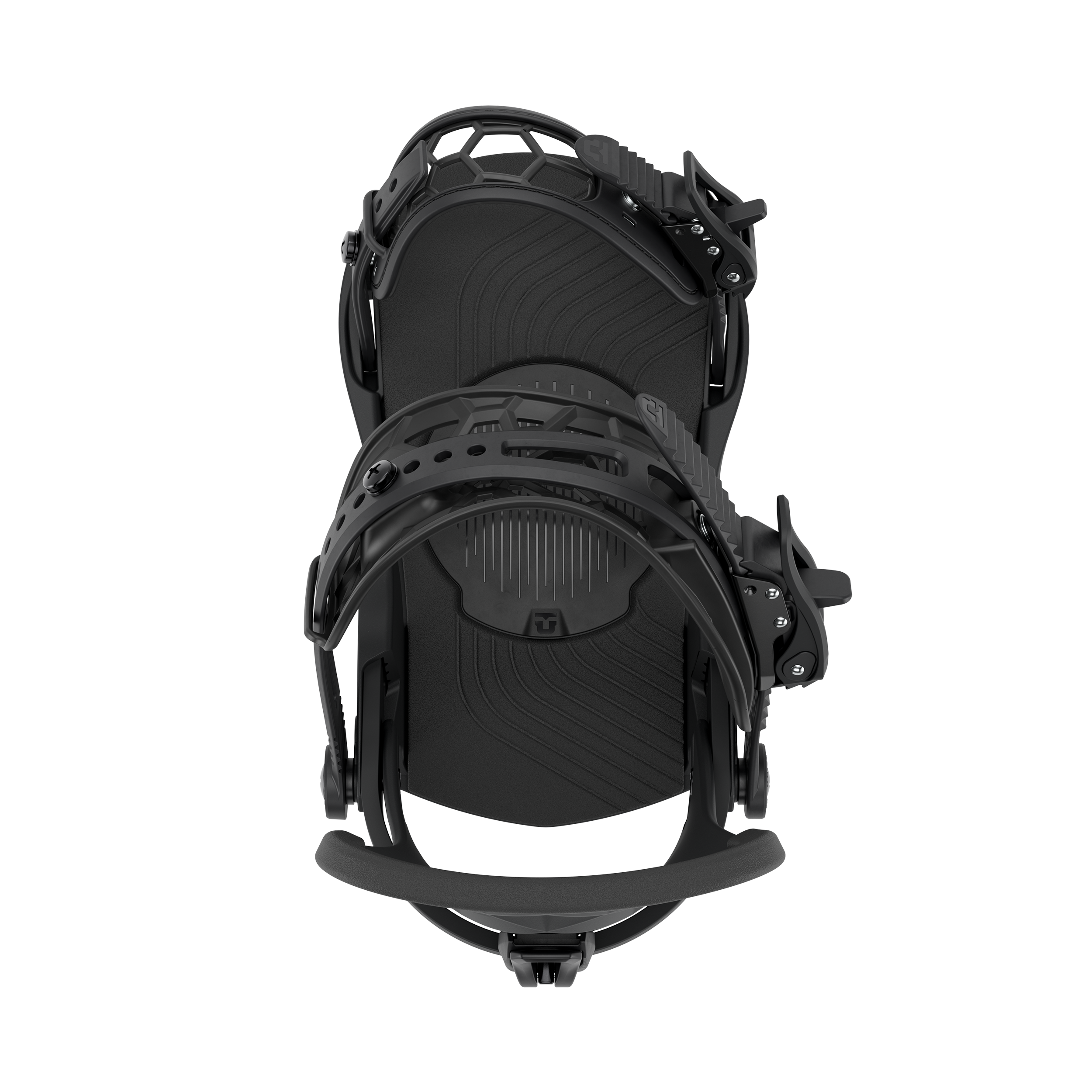 Black snowboard binding with rear view of highback and padded baseplate