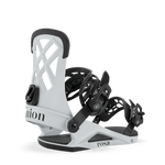 Light grey snowboard binding with lattice highback, black straps, and footbed